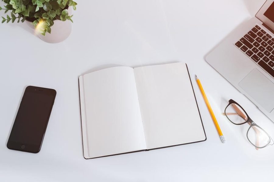 An open notebook, pencil and plant on a bright office desk