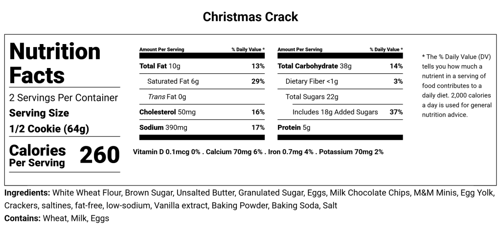 Christmas Crack Nutritional facts from Chomp Cookie Co | Kelowna Bakery