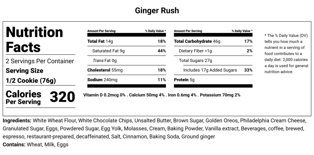 Ginger Rush Nutritional facts from Chomp Cookie Co | Kelowna Bakery