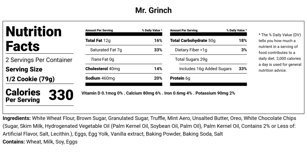 Mr Grinch Nutritional facts from Chomp Cookie Co | Kelowna Bakery