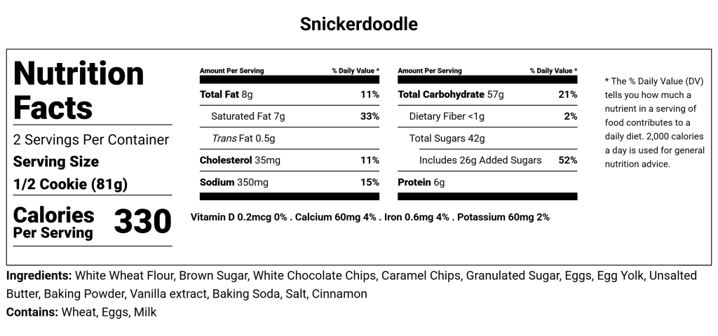 Snickerdoodle Nutritional facts from Chomp Cookie Co | Kelowna Bakery