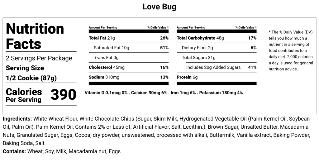 Love Bug Valentines Day Cookie Nutritional Facts
