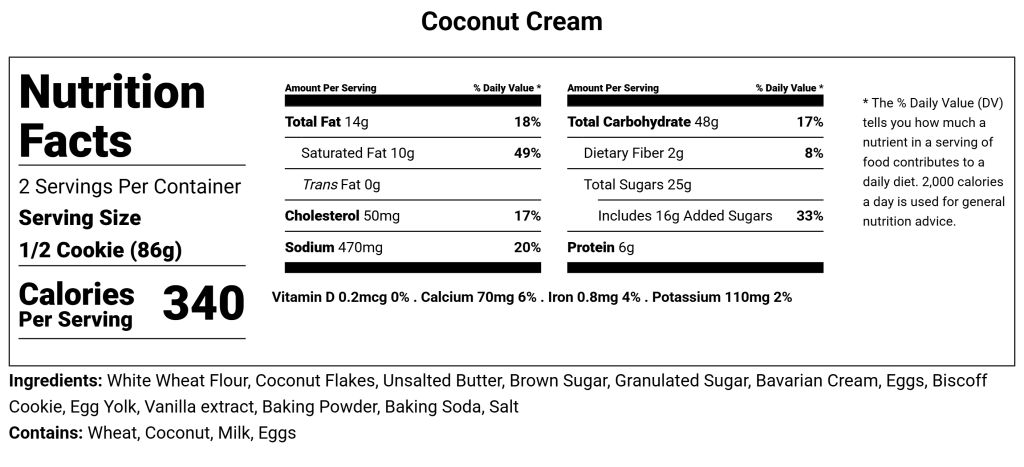 Coconut Cream nutritional facts for the Coconut Cream Cookie by CHOMP Cookies - Kelowna's Gourmet cookie bakery
