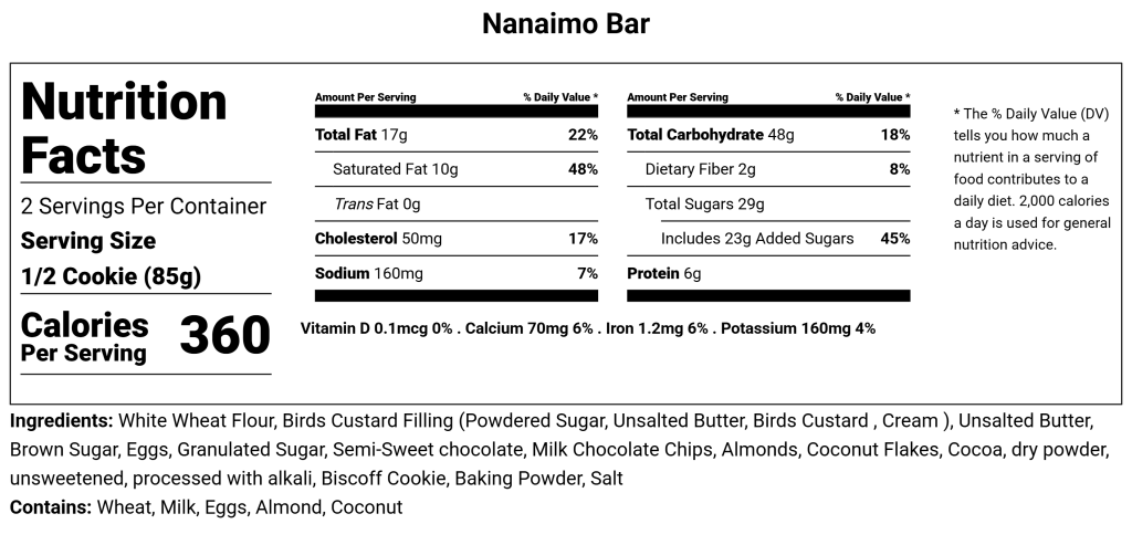 Nanaimo Bar nutritional facts for the Nanimo Bar Cookie by CHOMP Cookies - Kelowna's Gourmet cookie bakery